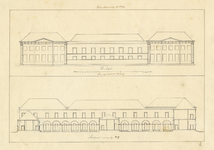 135117 Afbeelding van de voorgevel (boven) en doorsnede (onder) van het Willem Arntsz Huis (Agnietenstraat 2) aan de ...